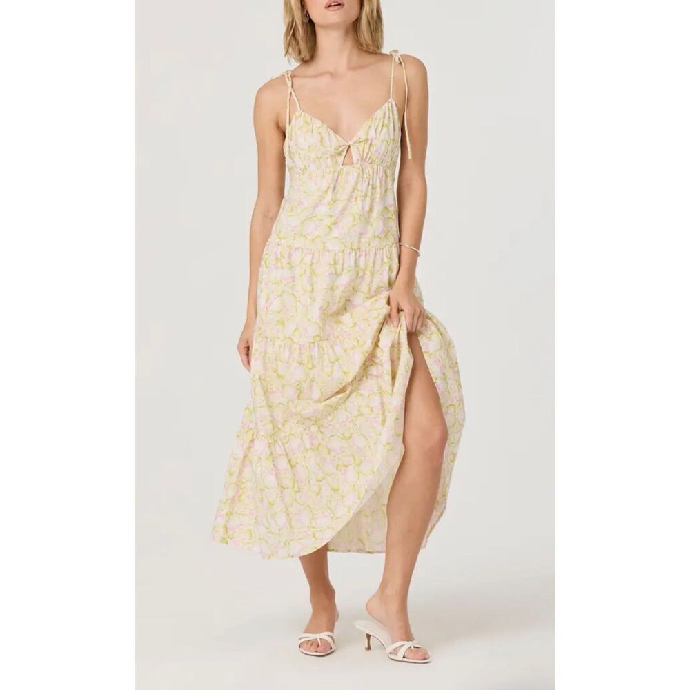 NEW ASTR The Label Tie Strap Tiered Maxi Dress Yellow Pink Floral Sleeveless siz